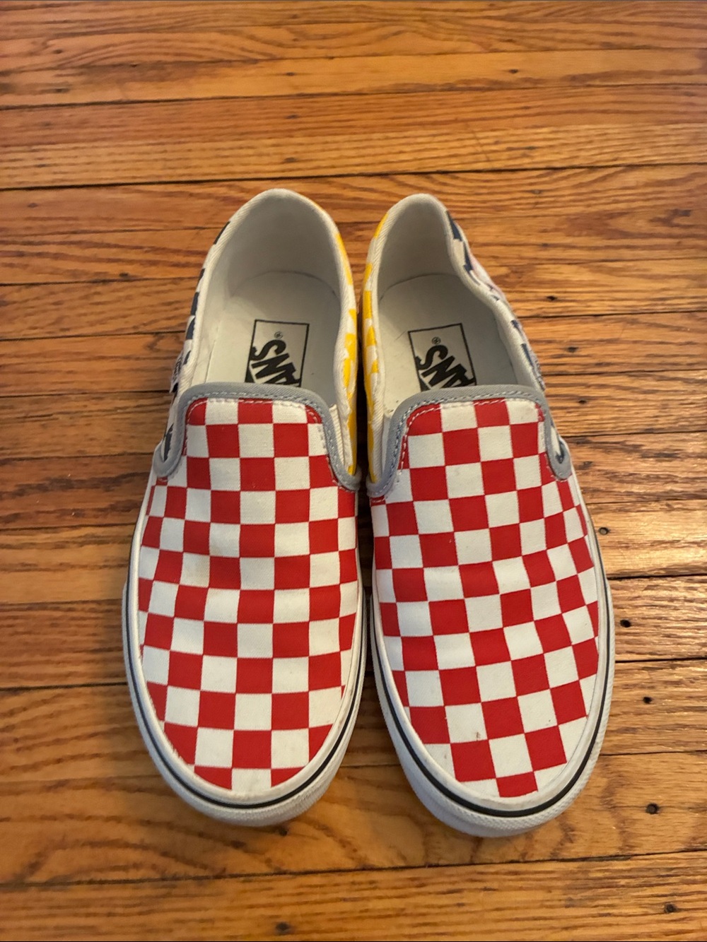 Vans women’s size 6 Checkerboard Slip-On Sneakers in Red, White & Yellow